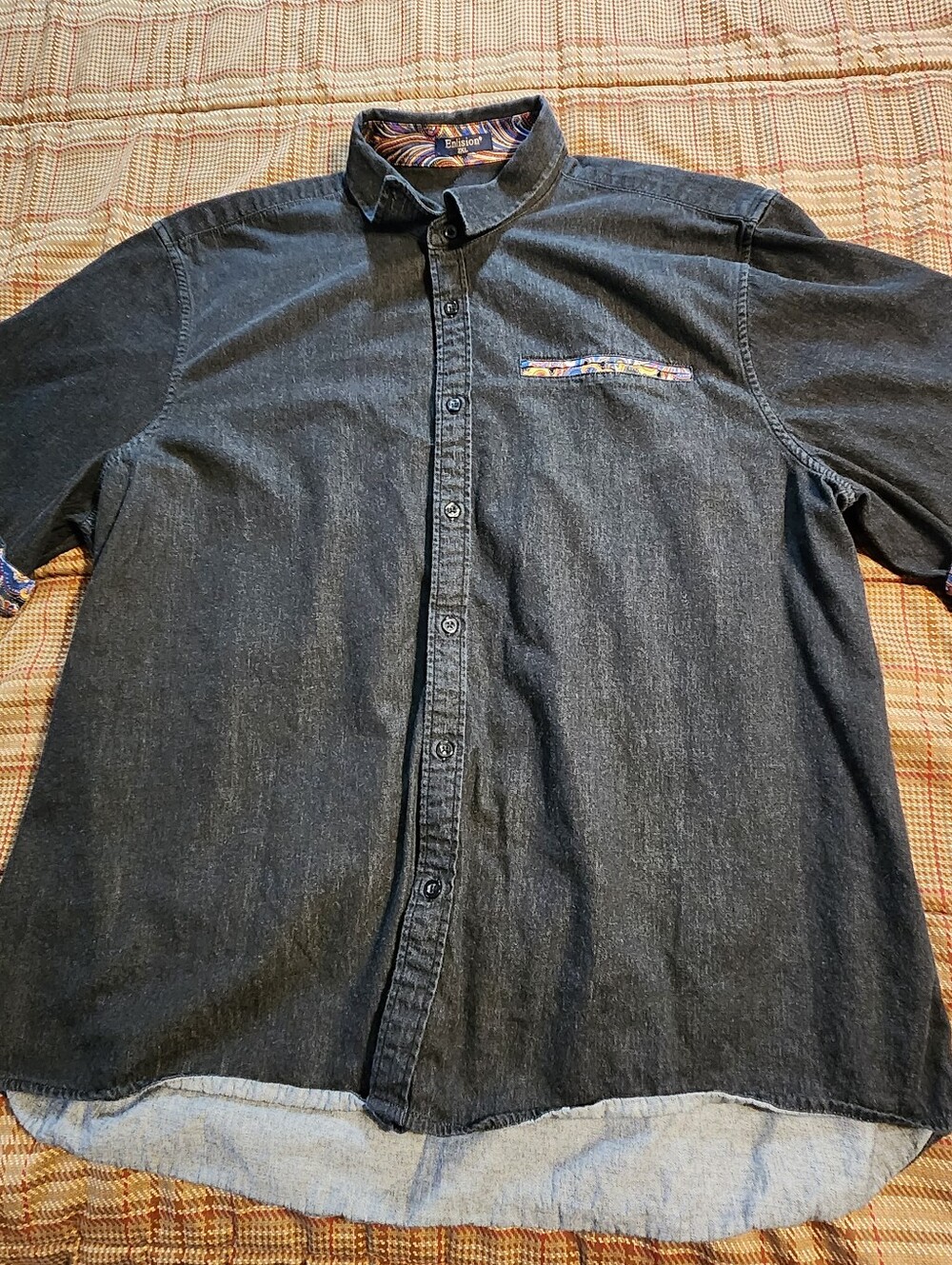 Enlision Black Denim Short Sleeve Button Up Shirt Paisley Flip Cuff Faux Pocket